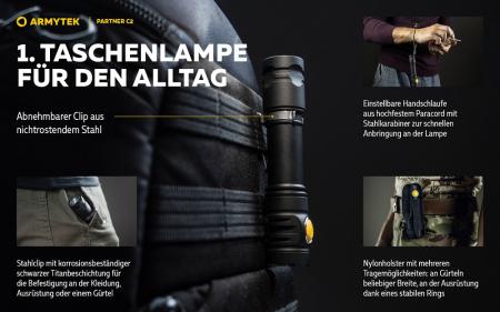 Armytek Partner C2 Magnet USB White Taschenlampe mit Magnethalterung akkubetrieben neutralweißes Licht