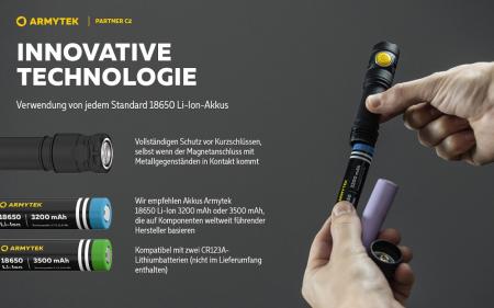 Armytek Partner C2 Magnet USB White Taschenlampe mit Magnethalterung akkubetrieben neutralweißes Licht