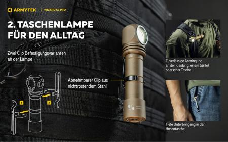 Armytek Wizard C2 Pro Magnet USB Sand Taschen- und Stirnlampe mit Magnethalterung akkubetrieben weißes Licht