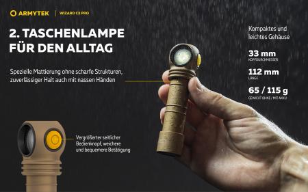 Armytek Wizard C2 Pro Magnet USB Sand Taschen- und Stirnlampe mit Magnethalterung akkubetrieben weißes Licht