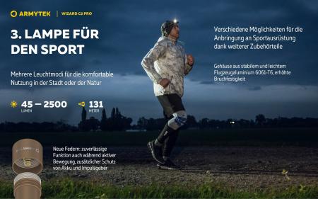 Armytek Wizard C2 Pro Magnet USB Sand Taschen- und Stirnlampe mit Magnethalterung akkubetrieben weißes Licht