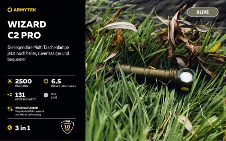 Armytek Wizard C2 Pro Magnet USB Olive Taschen- und Stirnlampe mit Magnethalterung akkubetrieben weißes Licht