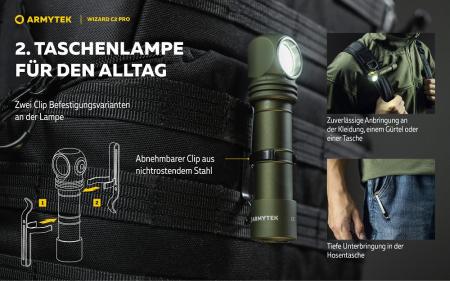 Armytek Wizard C2 Pro Magnet USB Olive Taschen- und Stirnlampe mit Magnethalterung akkubetrieben weißes Licht