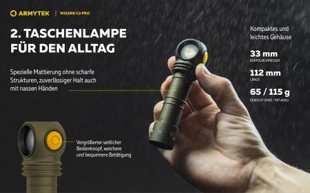 Armytek Wizard C2 Pro Magnet USB Olive Taschen- und Stirnlampe mit Magnethalterung akkubetrieben weißes Licht