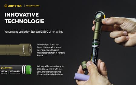 Armytek Wizard C2 Pro Magnet USB Olive Taschen- und Stirnlampe mit Magnethalterung akkubetrieben weißes Licht
