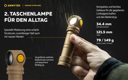 Armytek Wizard C2 Pro Max Magnet USB Sand Taschen- und Stirnlampe mit Magnethalterung / Stirnhalterung akkubetrieben weißes Licht