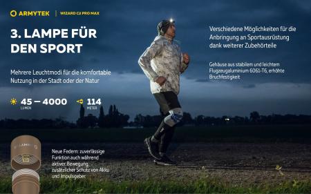 Armytek Wizard C2 Pro Max Magnet USB Sand Taschen- und Stirnlampe mit Magnethalterung / Stirnhalterung akkubetrieben weißes Licht