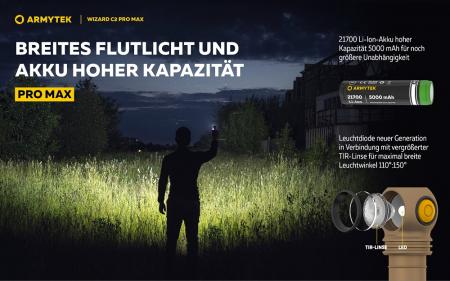 Armytek Wizard C2 Pro Max Magnet USB Sand Taschen- und Stirnlampe mit Magnethalterung / Stirnhalterung akkubetrieben weißes Licht