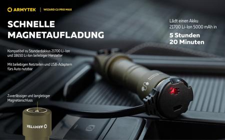 Armytek Wizard C2 Pro Max Magnet USB Olive Taschen- und Stirnlampe mit Magnethalterung / Stirnhalterung akkubetrieben weißes Licht