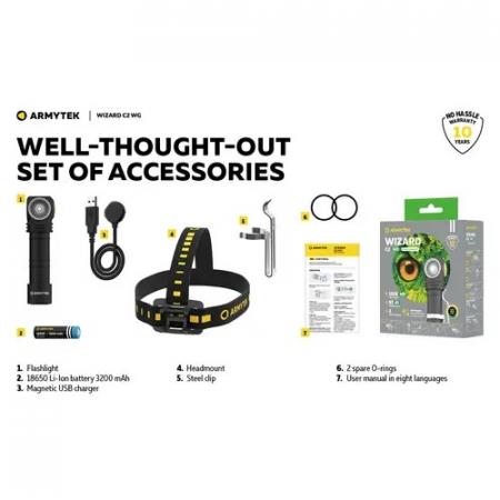 Armytek  Wizard C2 WG Warm LED Stirnlampe und Taschenlampe akkubetrieben Magnet USB neutralweißes und grünes Licht
