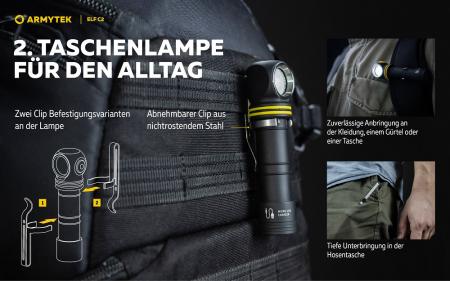 Armytek Elf C2 USB-C Taschen- und Stirnlampe mit Magnethalterung / Stirnhalterung akkubetrieben neutralweißes Licht