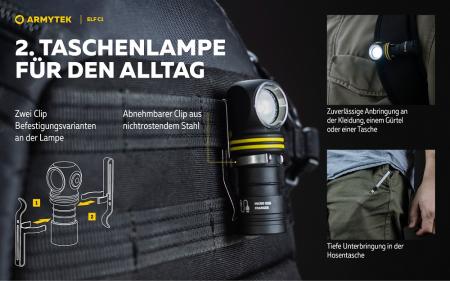 Armytek Elf C1 USB-C Taschen- und Stirnlampe mit Magnethalterung / Stirnhalterung akkubetrieben neutralweißes Licht