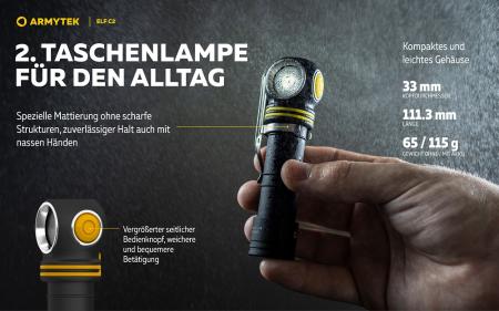 Armytek Elf C2 USB-C Taschen- und Stirnlampe mit Magnethalterung / Stirnhalterung akkubetrieben Warmes Licht