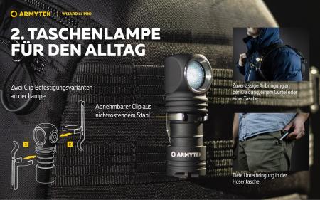 Armytek Wizard C1 Pro Magnet USB Taschenlampe und Stirnlampe 4 in1 mit Magnethalterung akkubetrieben (weißes Licht)
