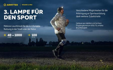 Armytek Wizard C1 Pro Magnet USB Taschenlampe und Stirnlampe 4 in1 mit Magnethalterung akkubetrieben (weißes Licht)