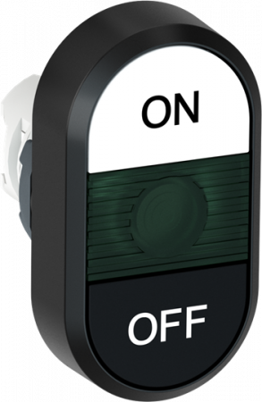 ABB MPD7-11G Doppeldrucktaster, Tasten - oben weiss: Symbol ON - unten flach schwarz: OFF - Mitte: grün, beleuchtbar