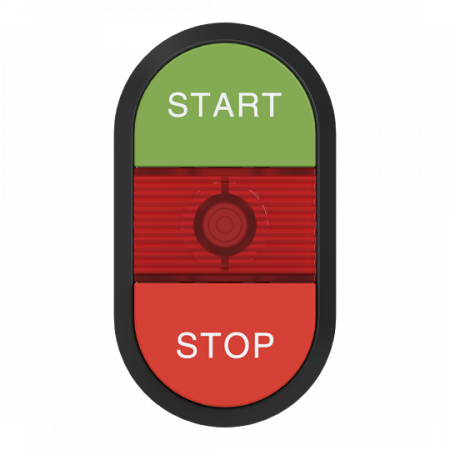ABB MPD15-11R Doppeldrucktaster, Tasten - oben grün: START - unten hoch rot: Symbol STOP - Mitte: rot, beleuchtbar