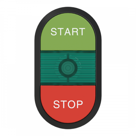 ABB MPD15-11G Doppeldrucktaster, Tasten - oben grün: START - unten hoch rot: Symbol STOP - Mitte: grün, beleuchtbar