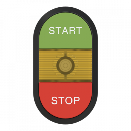 ABB MPD15-11Y Doppeldrucktaster, Tasten - oben grün: START - unten hoch rot: Symbol STOP - Mitte: gelb, beleuchtbar