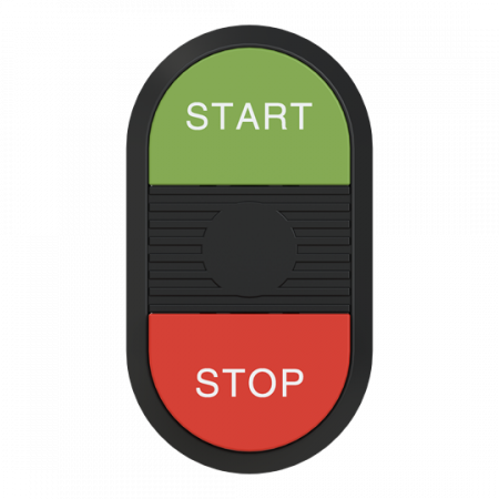 ABB MPD15-11B Doppeldrucktaster, Tasten - oben grün: START - unten hoch rot: Symbol STOP - Mitte: schwarz, nicht beleuchtbar