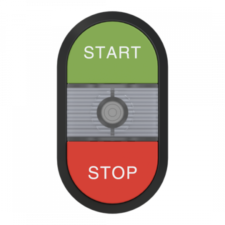 ABB MPD15-11C Doppeldrucktaster, Tasten - oben grün: START - unten hoch rot: Symbol STOP - Mitte: farblos, beleuchtbar