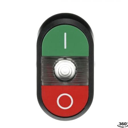 ABB MPD2-11C Doppeldrucktaster, Tasten - oben grün: Symbol I - unten flach: rot Symbol O - Mitte: farblos