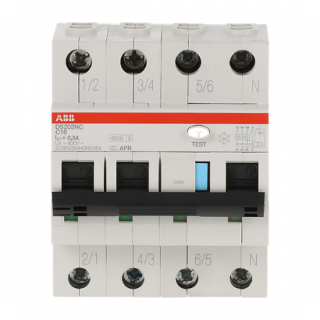 ABB DS203NC C16 APR300 FI/LS-Schalter 6kA, 3P+N, TypA, C16, 300mA, kurzzeitverzögert 6kA IEC/EN 61009, 10kA IEC/EN 60947-2
