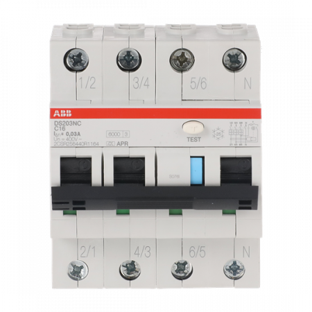 ABB DS203NC C16 APR30 FI/LS-Schalter 6kA, 3P+N, Typ A, C 16, 30mA, kurzzeitv. 6kA IEC/EN 61009, 10kA IEC/EN 60947-2