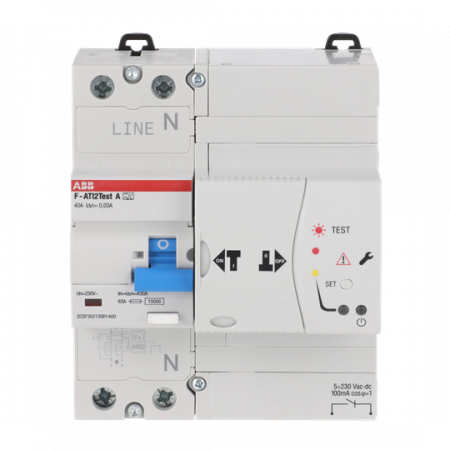 ABB F-ATI2Test A-40/0.03 FI-Schalter, 5 TE 2P, Typ A, 40A, 30mA, kurzzeitverzögert, FI mit automatischer Prüfung (FI-Test) ohne Spannungsunterbrechung