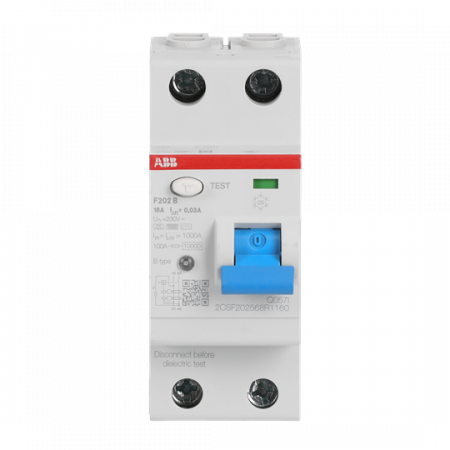 ABB F202 B-16/0.03 FI-Schalter Typ B 2P, 16A, 30mA, 3kA, 2TE, allstromsensitiv, kurzzeitverzögert