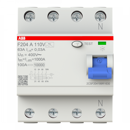 ABB F204 A-63/0.03 110V FI-Schalter Typ A 110V RCCB, 4P, 63A, 30mA, f.110V AC-Netz