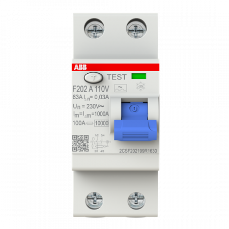 ABB F202 A-63/0.03 110V FI-Schalter Typ A 110V RCCB, 2P, 63A, 30mA, f.110V AC-Netz