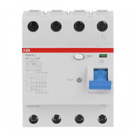 ABB F204 B S-63/0.5 FI-Schutzschalter Typ B 4P, 63A, 500mA, selektiv, 5kA, 4TE