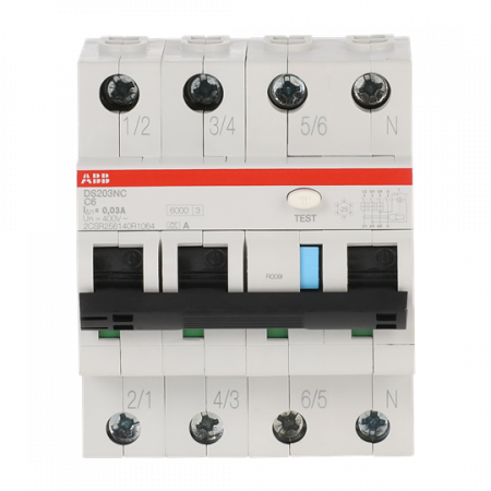 ABB DS203NC C6 A30 FI/LS-Schalter 6kA 3P+N, Typ A, C 6, 30mA 6kA IEC/EN 61009, 10kA IEC/EN 60947-2