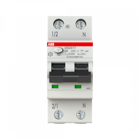 ABB DS201T C6 APR30 FI/LS-Schalter 6kA, 1P+N, Typ A kurzzeitverzögert, Bahn, C6, 30mA