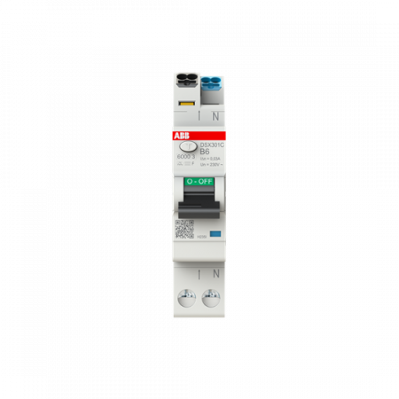 ABB DSX301C B6 F30 FI/LS-Schalter Typ F mischfrequenzsensitiv 30 mA, 6 kA, 1P+N, B-Char., 6 A FlexLine Push-in Technologie 1 Teilungseinheit