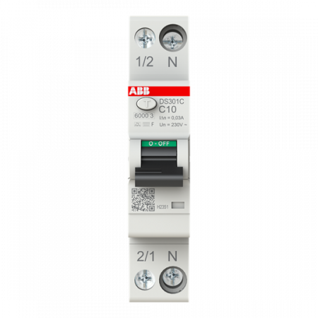 ABB DS301C C10 F30 FI/LS-Schalter Typ F mischfrequenzsensitiv 30 mA, 6 kA, 1P+N, C-Char., 10 A 1 Teilungseinheit