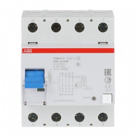 ABB F204 B S-125/0.5-L FI-Schutzschalter 4P allstromsensitiv,125A, 500mA,selektiv, Nlinks