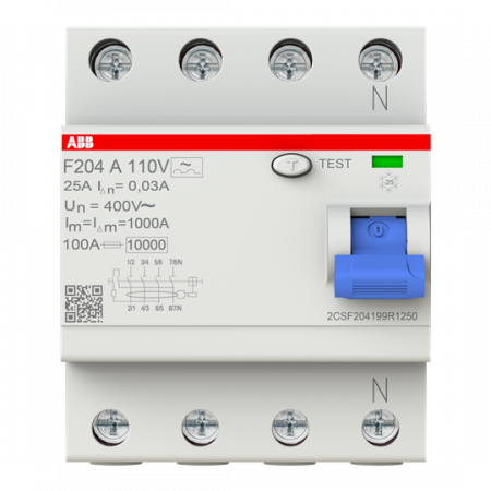 ABB F204 A-25/0.03 110V FI-Schalter Typ A 110V RCCB, 4P, 25A, 30mA, f.110V AC-Netz