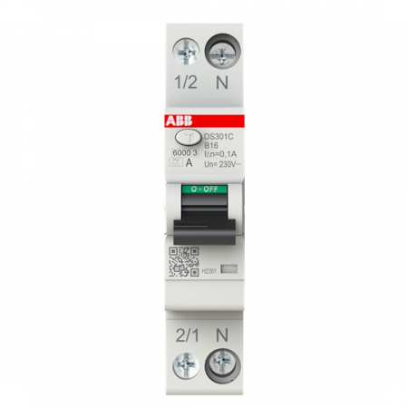 ABB DS301C B16 A100 FI/LS-Schalter Typ A, 100 mA, 6 kA, 1P+N, B-Char., 16 A 1 Teilungseinheit