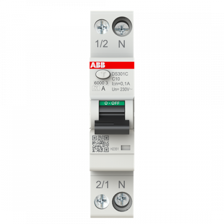 ABB DS301C C10 A100 FI/LS-Schalter Typ A, 100 mA, 6 kA, 1P+N, C-Char., 10 A 1 Teilungseinheit