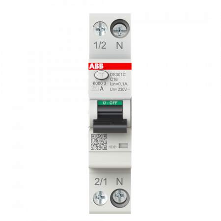 ABB DS301C C16 A100 FI/LS-Schalter Typ A, 100 mA, 6 kA, 1P+N, C-Char., 16 A 1 Teilungseinheit