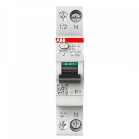 ABB DS301C B10 A300 FI/LS-Schalter Typ A, 300 mA, 6 kA, 1P+N, B-Char., 10 A 1 Teilungseinheit