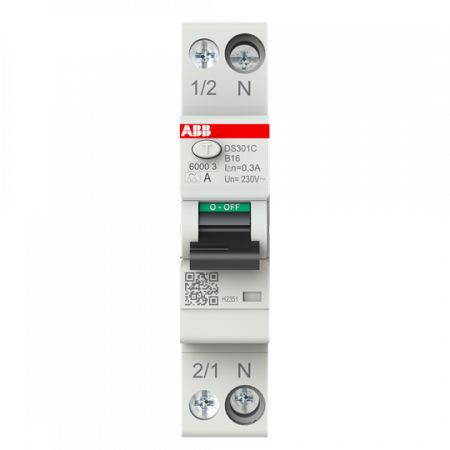 ABB DS301C B16 A300 FI/LS-Schalter Typ A, 300 mA, 6 kA, 1P+N, B-Char., 16 A 1 Teilungseinheit