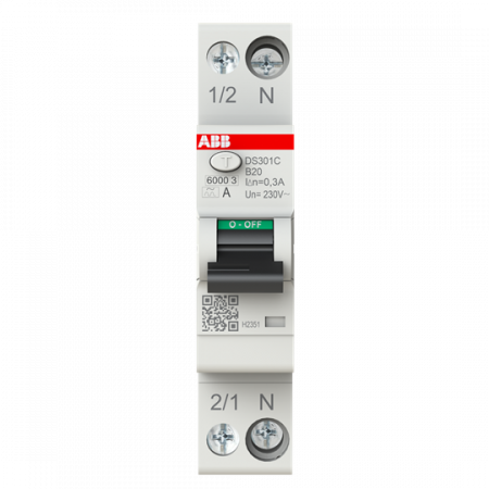 ABB DS301C B20 A300 FI/LS-Schalter Typ A, 300 mA, 6 kA, 1P+N, B-Char., 20 A 1 Teilungseinheit