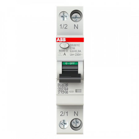 ABB DS301C C16 A300 FI/LS-Schalter Typ A, 300 mA, 6 kA, 1P+N, C-Char., 16 A 1 Teilungseinheit