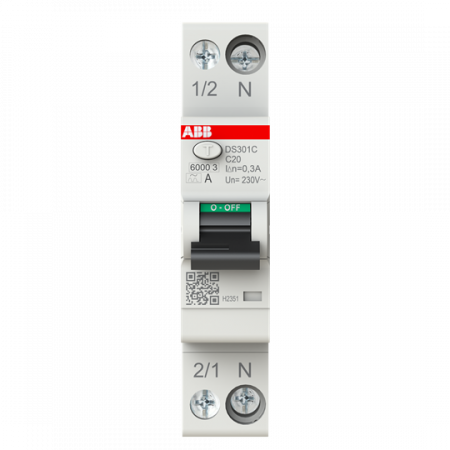 ABB DS301C C20 A300 FI/LS-Schalter Typ A, 300 mA, 6 kA, 1P+N, C-Char., 20 A 1 Teilungseinheit