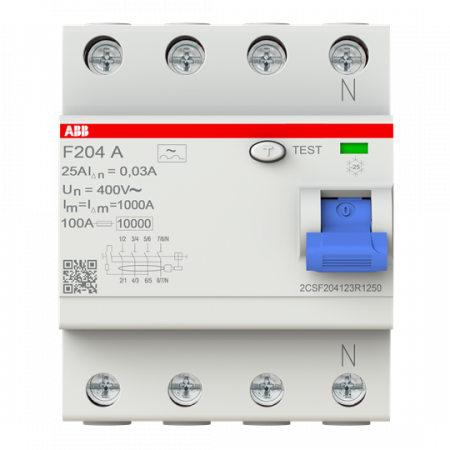 ABB F204 A-25/0.03-L FI-Schutzschalter 4P, Typ A, 25A, 30mA, N links