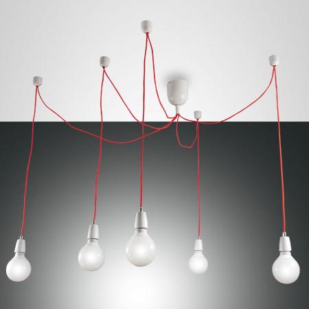 BLOG 5-flammige PENDELLEUCHTE IN WEISS MIT ROTEN TEXTILUMMANTELTEN KABELN VON FABAS LUCE