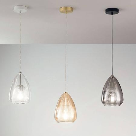 Britton Pendelleuchte in Rauchgrau aus Glas mit Gitter-Inlay Ø22cm von Fabas Luce